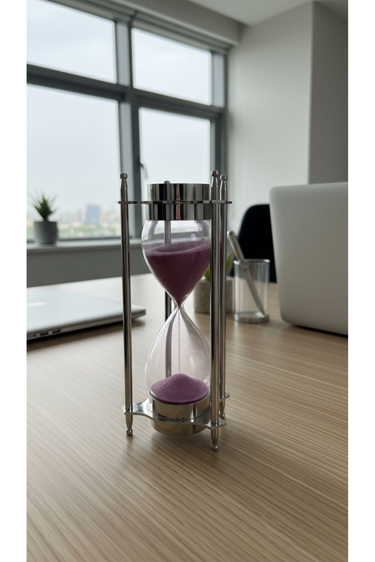 Evle Gümüş Rengi Çift Pusulalı Kum Saati 20 cm Modern Metal Çerçeve Lüks Ofis Hediyelik Aksesuar