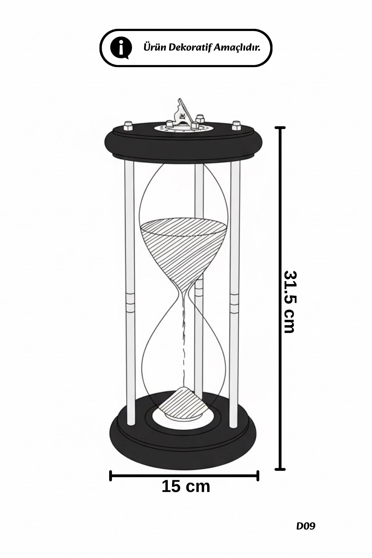 Dev Boy Güneş Saatli Kum Saati 31.5 cm Lüks Masaüstü Hediyelik Siyah Gümüş Modern Ofis Aksesuarı