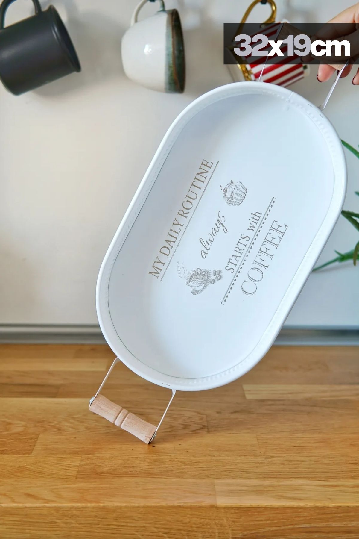 3'lü Ahşap Kulplu Metal Baton Tepsi Seti