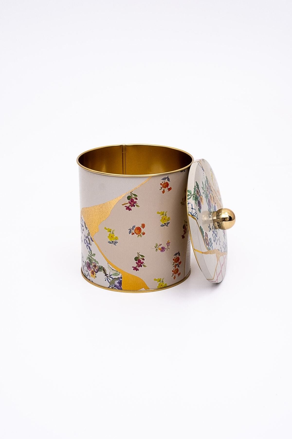 Kint Sugi Desenli Yuvarlak Metal Saklama Kabı, Erzak Saklama Kabı 14 Cm X 15 Cm Er143-3i