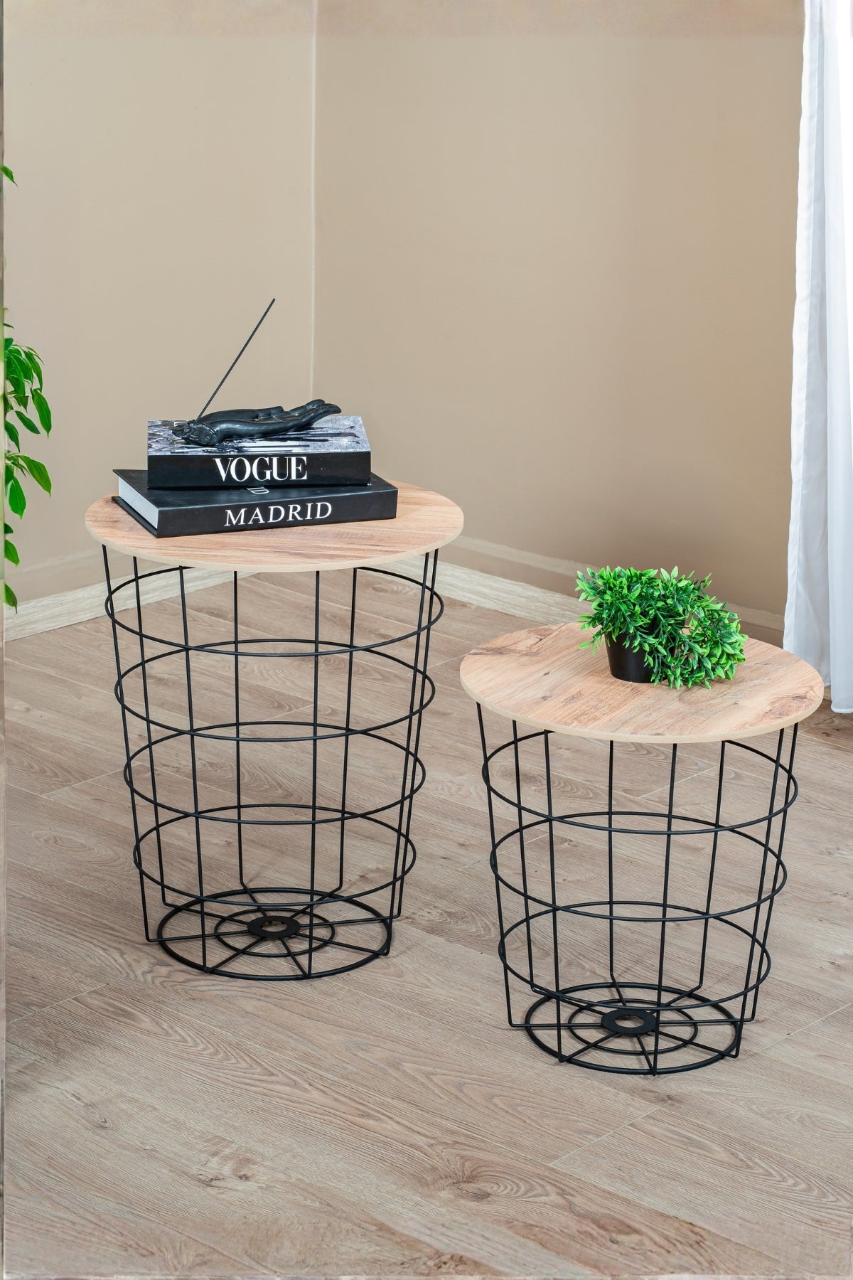 Dekoratif Metal Tel Sepet Zigon Sehpa Takımı, 2'li İskandinav Tarzı Ahşap Kapaklı Orta Sehpa