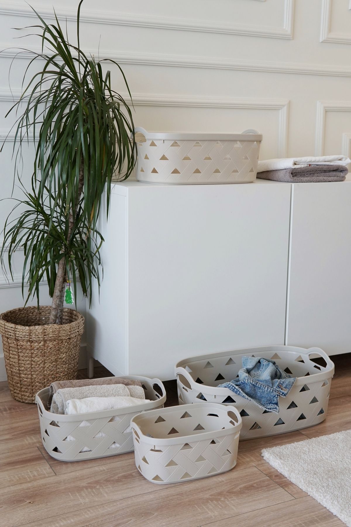 Deri Desenli Saklama ve Düzenleme Sepet Takımı (7’li), Krem