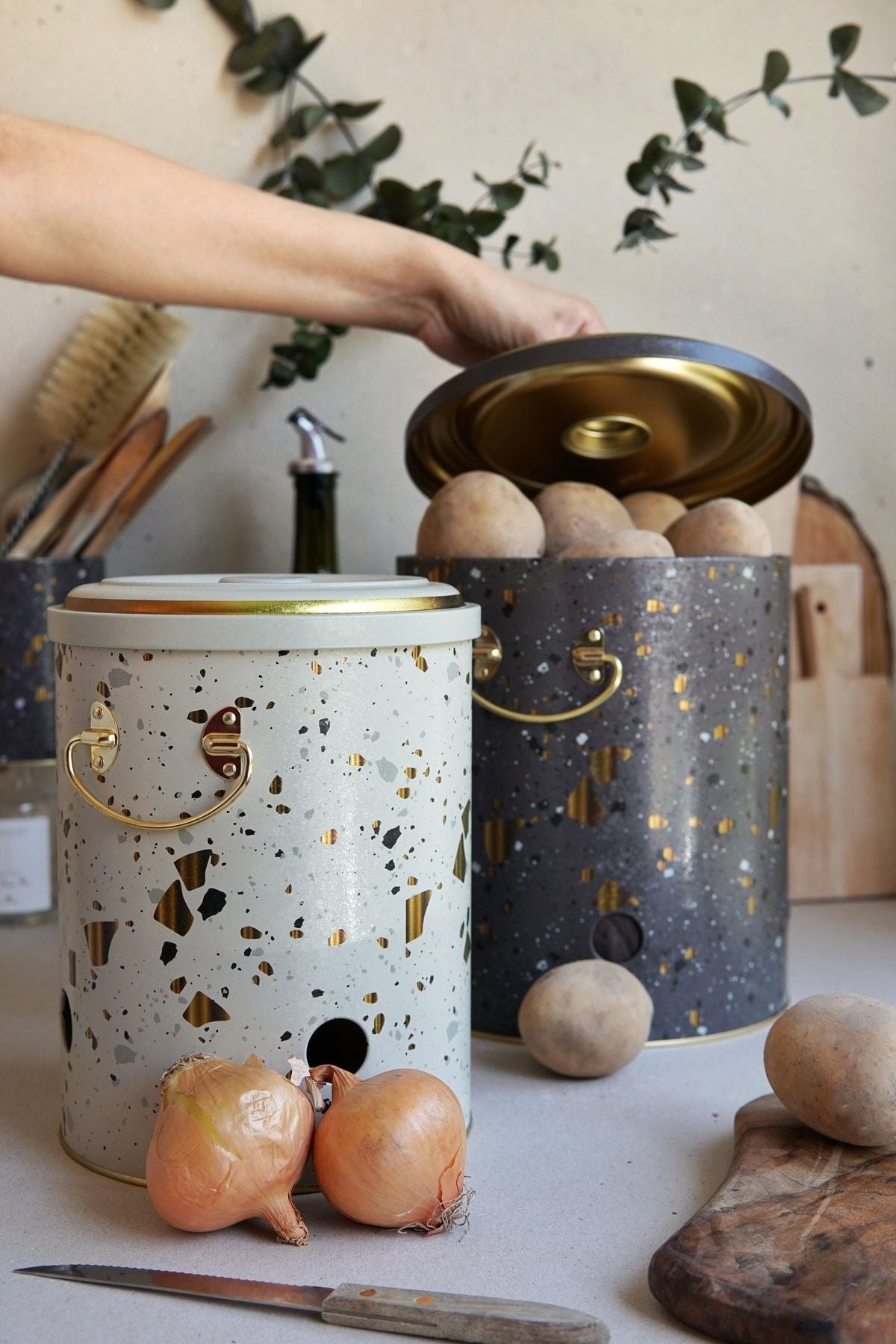 Terrazo Metal Patates Soğan Kovası - 2'li Set, En Çok Tercih Edilen Sebzelik