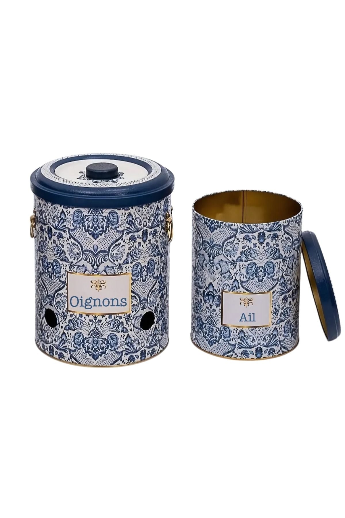 Metal Soğan ve Sarımsak Saklama Kabı 2’li Set, Metal Sebzelik 5 lt + 2.5 lt, Azulejos