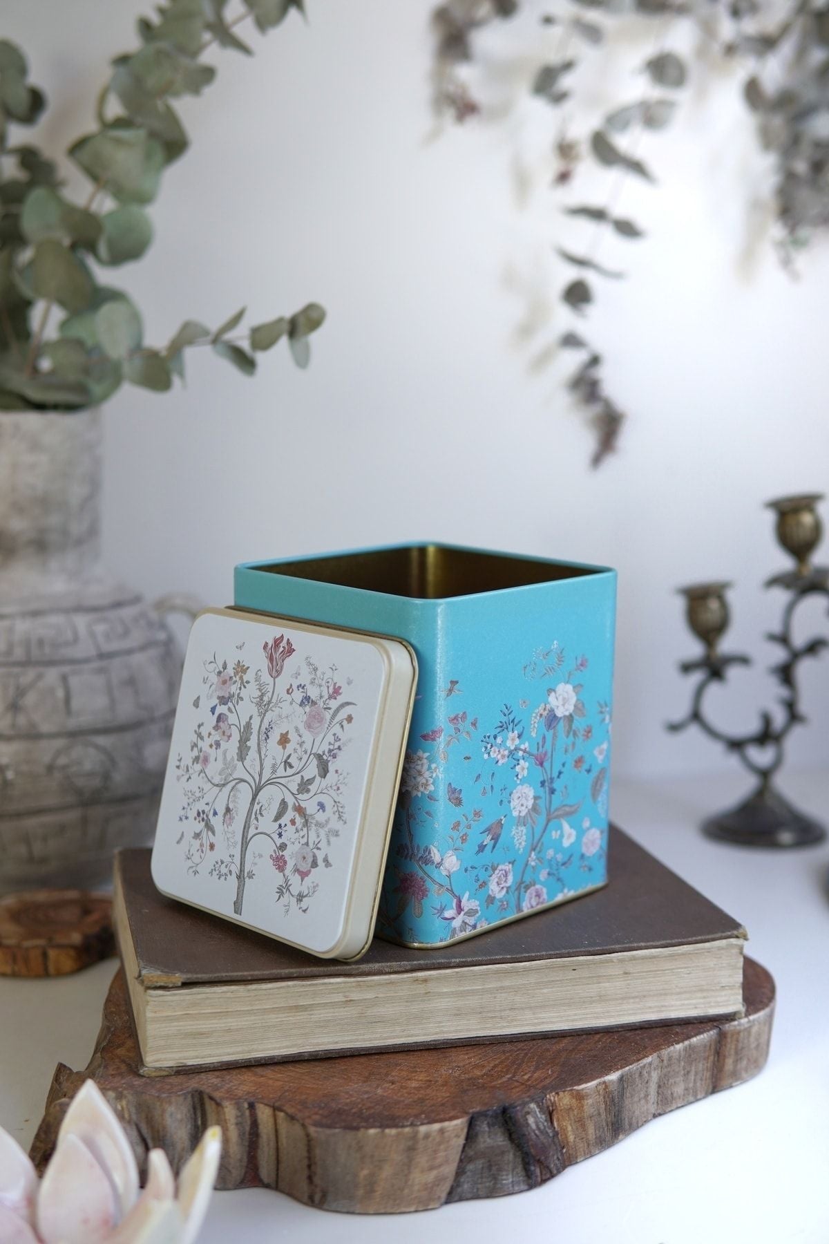 Er024-9f Botanica Blue Desenli Kare Metal Saklama Kabı 12x12 Cm