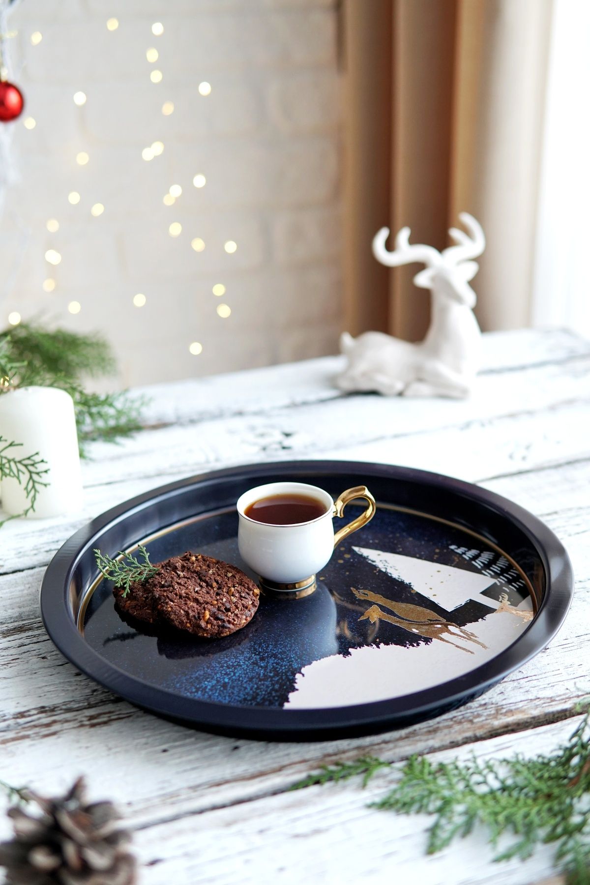 3 Lü Yılbaşı Set, 15.8 X 15.8 X 8 Cm, Ø14 X 7 Cm, Ø31.5 Cm Tepsi, Night Deer Erb576t