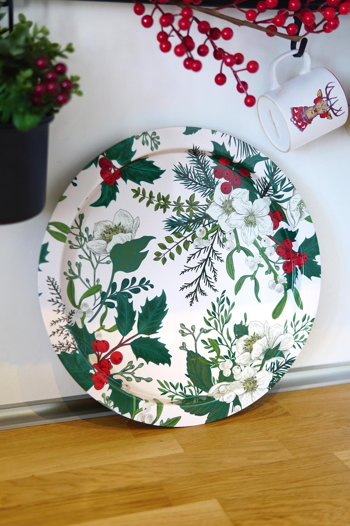 Yılbaşı Noel, Yeni Yıl Desenli Yuvarlak Metal Tepsi 37 cm