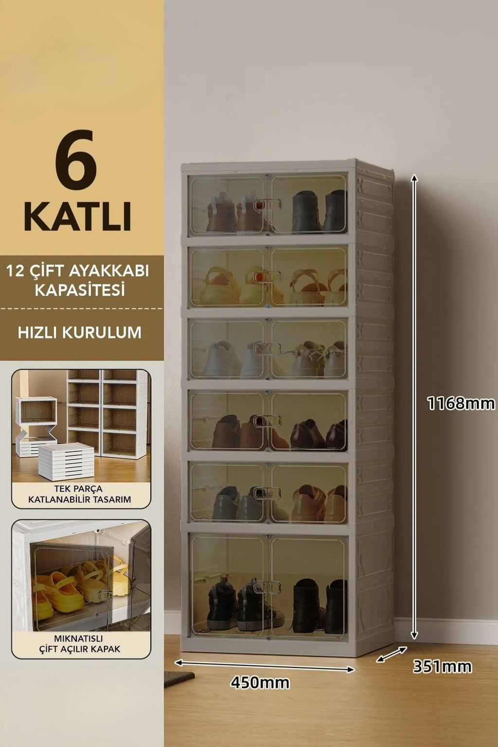 6 Katlı Katlanabilir Ayakkabılık, Modüler Ayakkabı Dolabı, Portatif Düzenleyici, Toprak