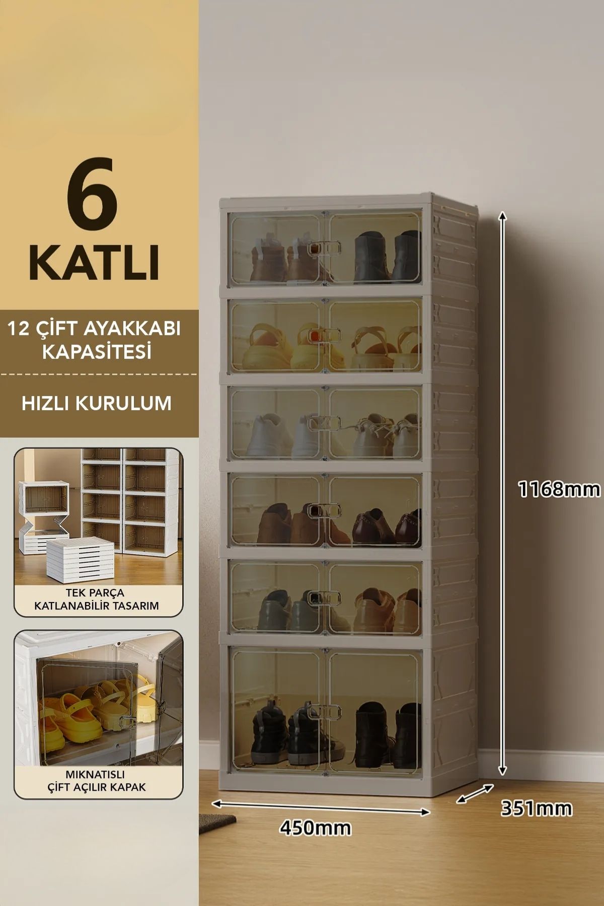 6 Katlı Katlanabilir Ayakkabılık, Modüler Ayakkabı Dolabı, Portatif Düzenleyici, Toprak