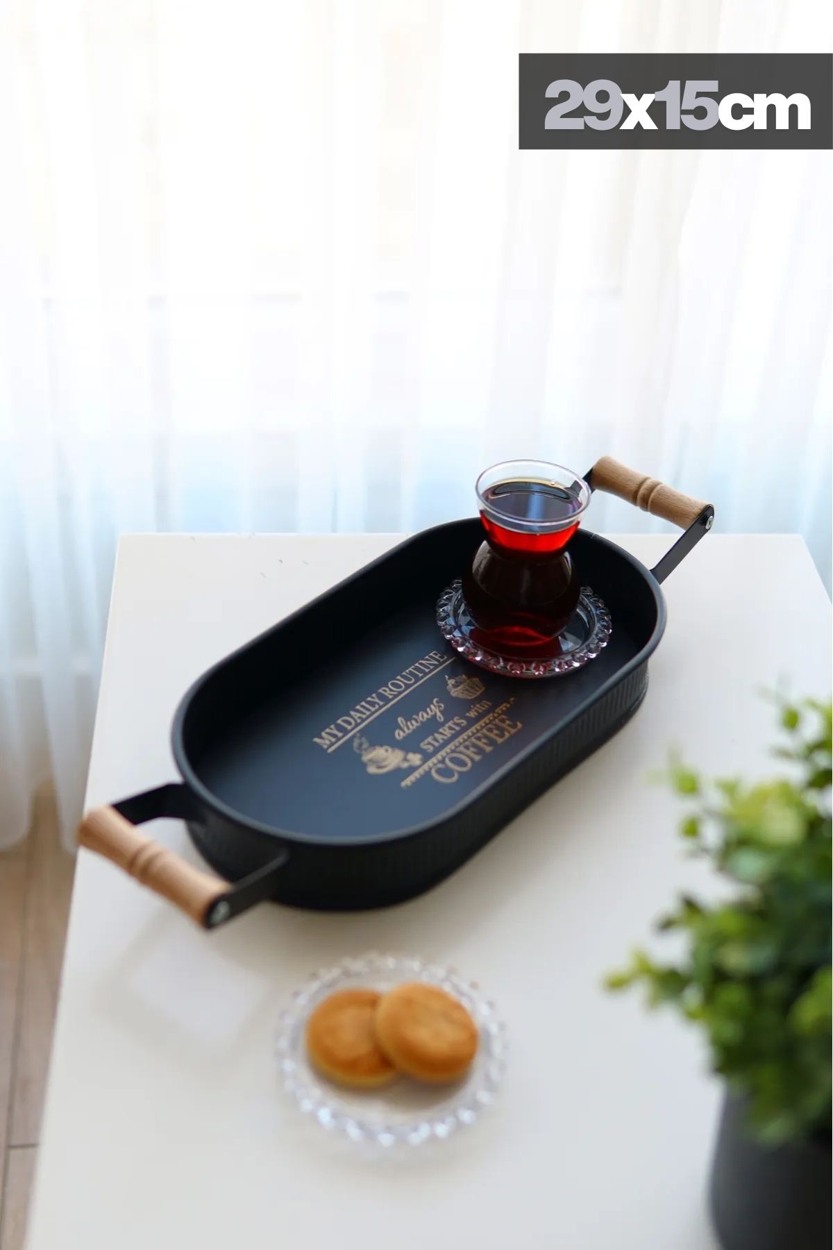 3'lü Ahşap Kulplu Metal Baton Tepsi Seti