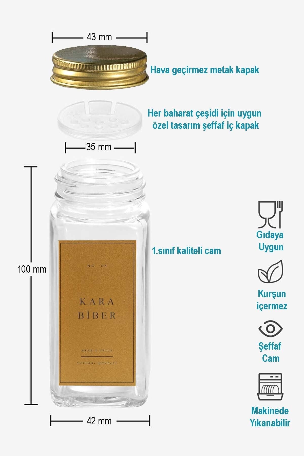 12'li Cam Gold Kapaklı Gold Etiketli 12-li Baharatlık Seti Takımı-mh00gld12