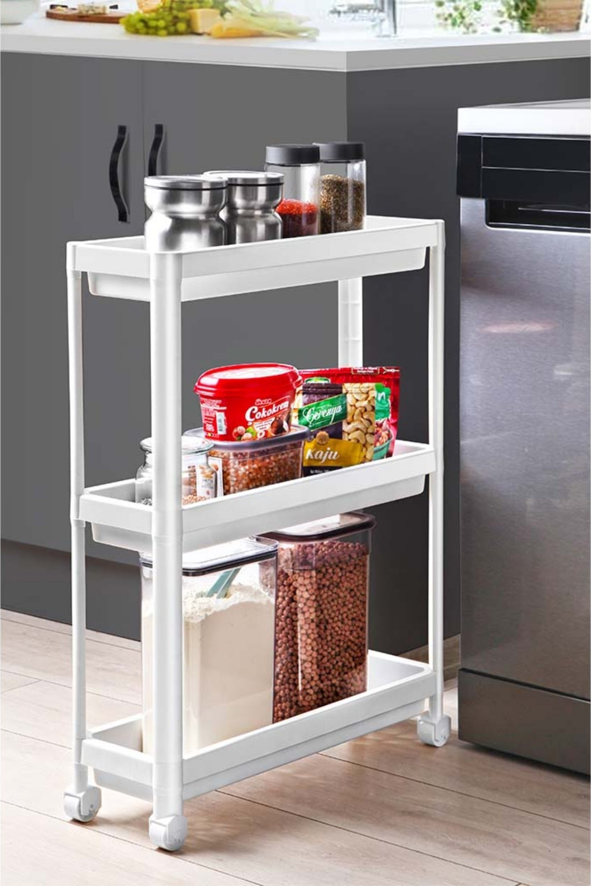 Decobella 3 Katlı Tekerlekli Slim Raf Modüler Banyo Rafı, Mutfak Rafı