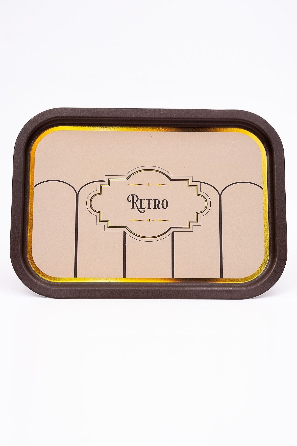 Retro Desenli Metal Tepsi - Çay Kahve Tepsisi - Sunum Tepsisi 28 Cm X 40 Cm Ee164-u6