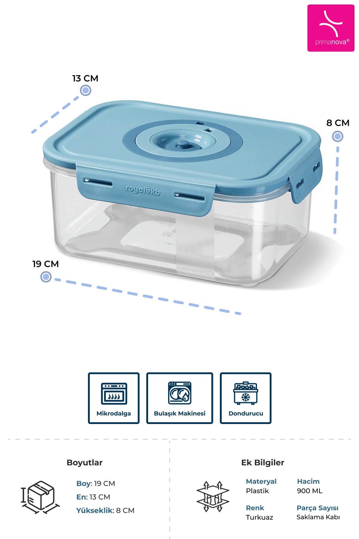 Prima Nova Seoul Vakumlu Taze Ürün Saklama Kabı 900 ML - 19 x 13 x 8 CM