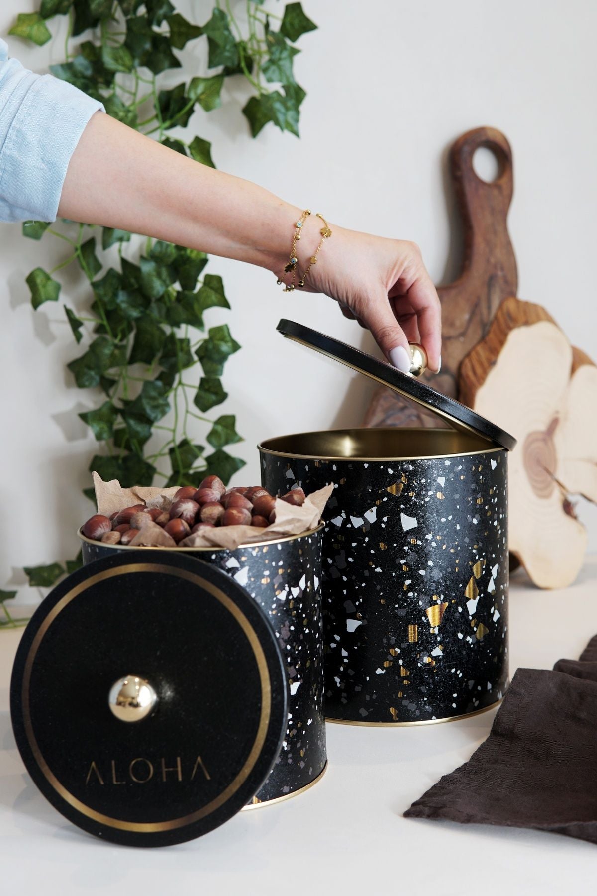 Terrazo Desenli Metal Saklama Kabı 2'li Set 2.1 Litre + 4.1 Litre Erb48u4