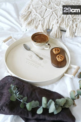 3'lü Ahşap Kulplu Yuvarlak Metal Tepsi Seti