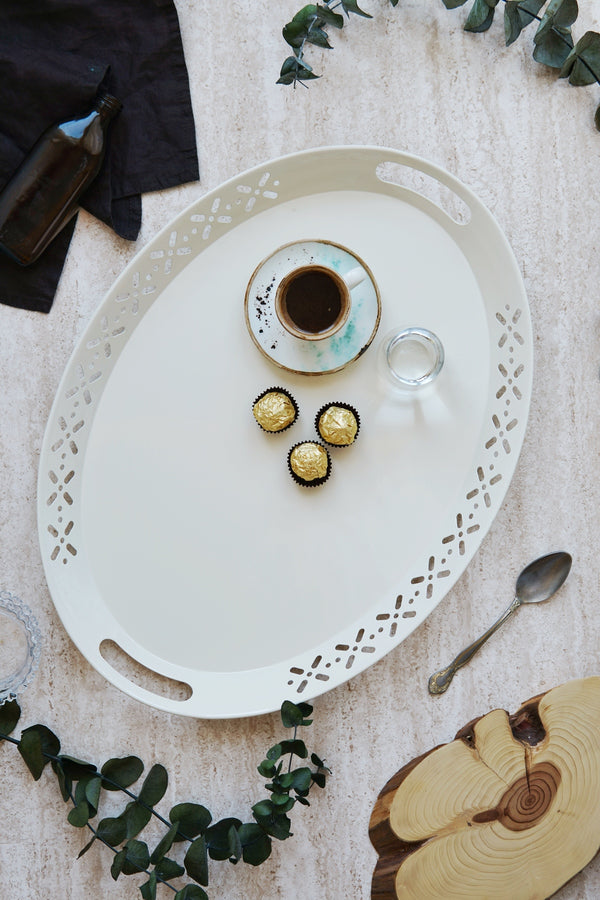 Evle Metal Oval Servis Tepsisi, Büyük Tepsi, Çay Kahve Tepsisi