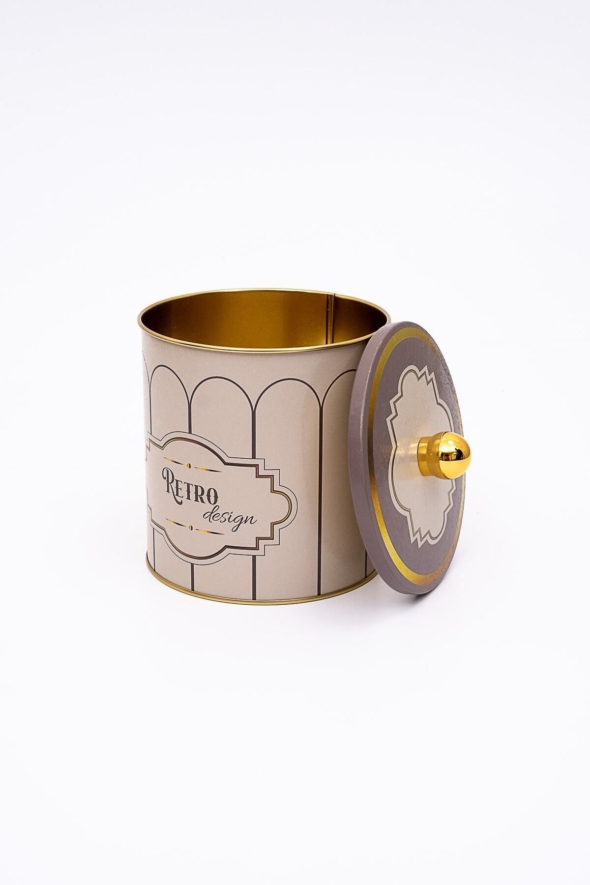 Retro Desenli Yuvarlak Metal Saklama Kabı, Erzak Saklama Kabı 14 Cm X 15 Cm Er143-u6