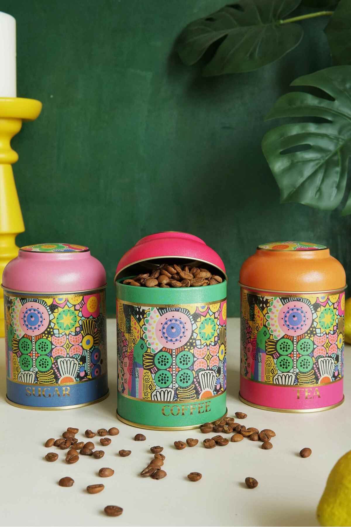 Yuvarlak Metal Saklama Kabı 9 cm x 11 cm 3 lü Set, Sunflower