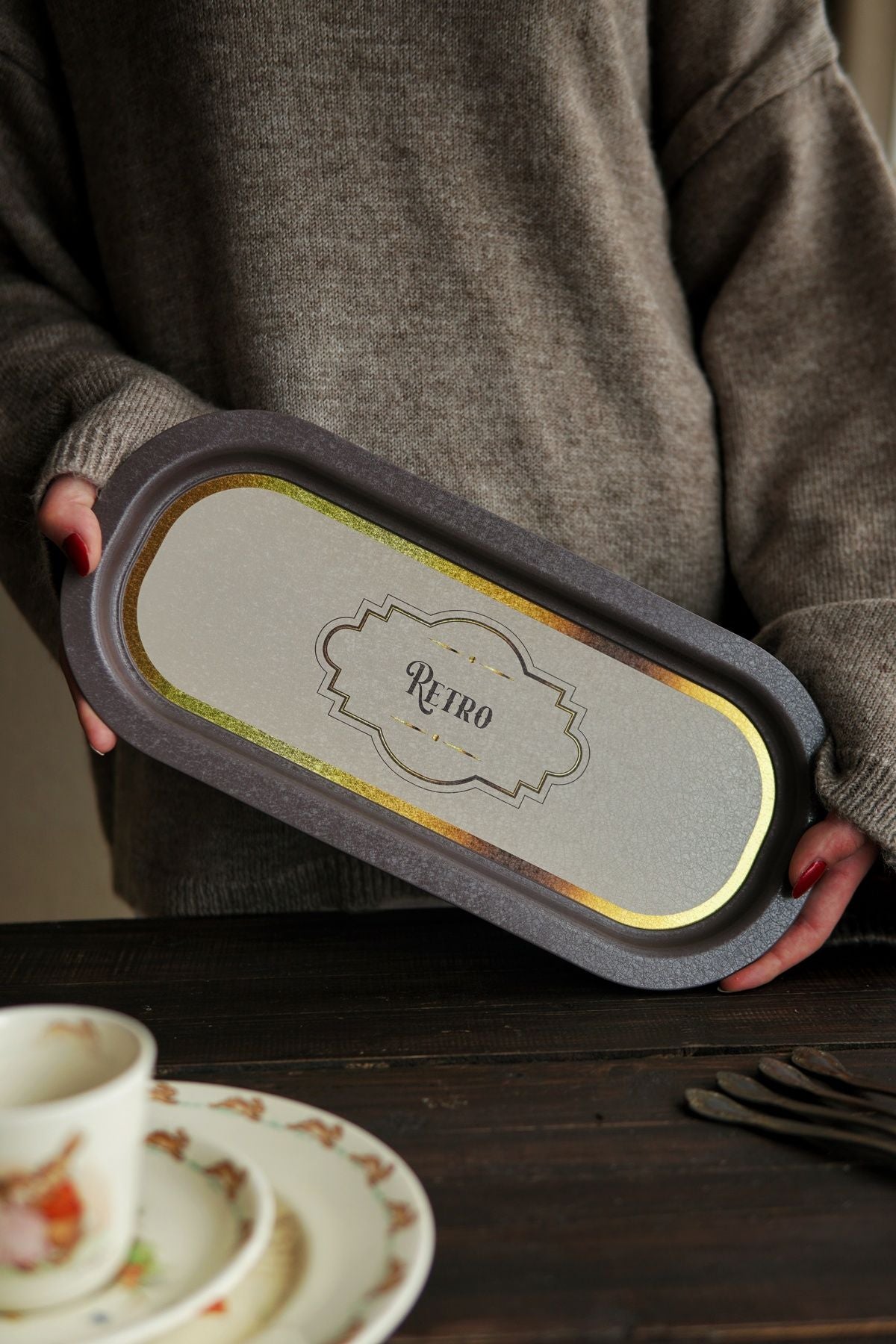 Ee168-u6 Retro Desenli Oval Tepsi 16x35 Cm