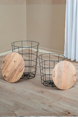 Dekoratif Metal Tel Sepet Zigon Sehpa Takımı, 2'li İskandinav Tarzı Ahşap Kapaklı Orta Sehpa