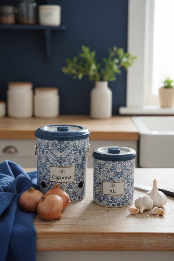 Evle Metal Soğan ve Sarımsak Saklama Kabı 2’li Set, Metal Sebzelik 5 lt + 2.5 lt, Azulejos
