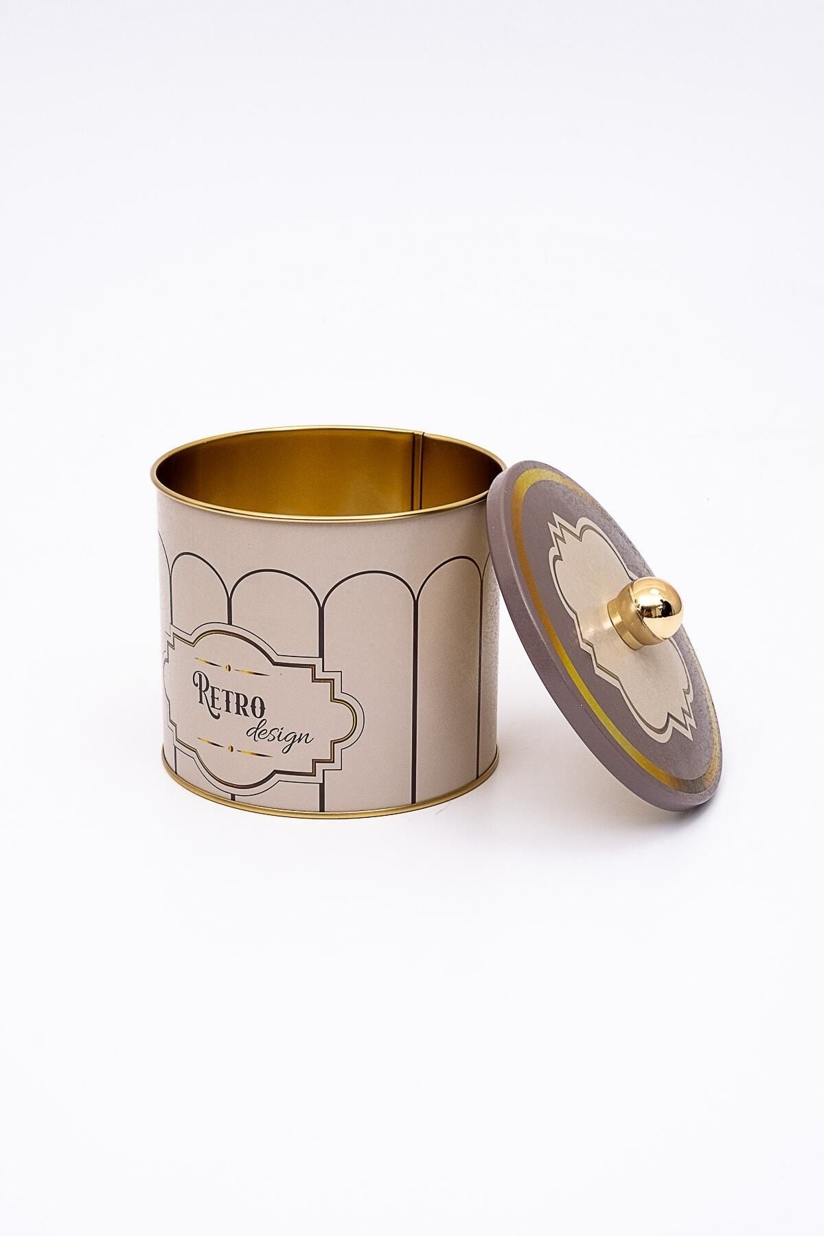 Retro Desenli Yuvarlak Metal Saklama Kabı, Erzak Saklama Kabı - Organizer 14 Cm X 12,5 Cm Er142-u6