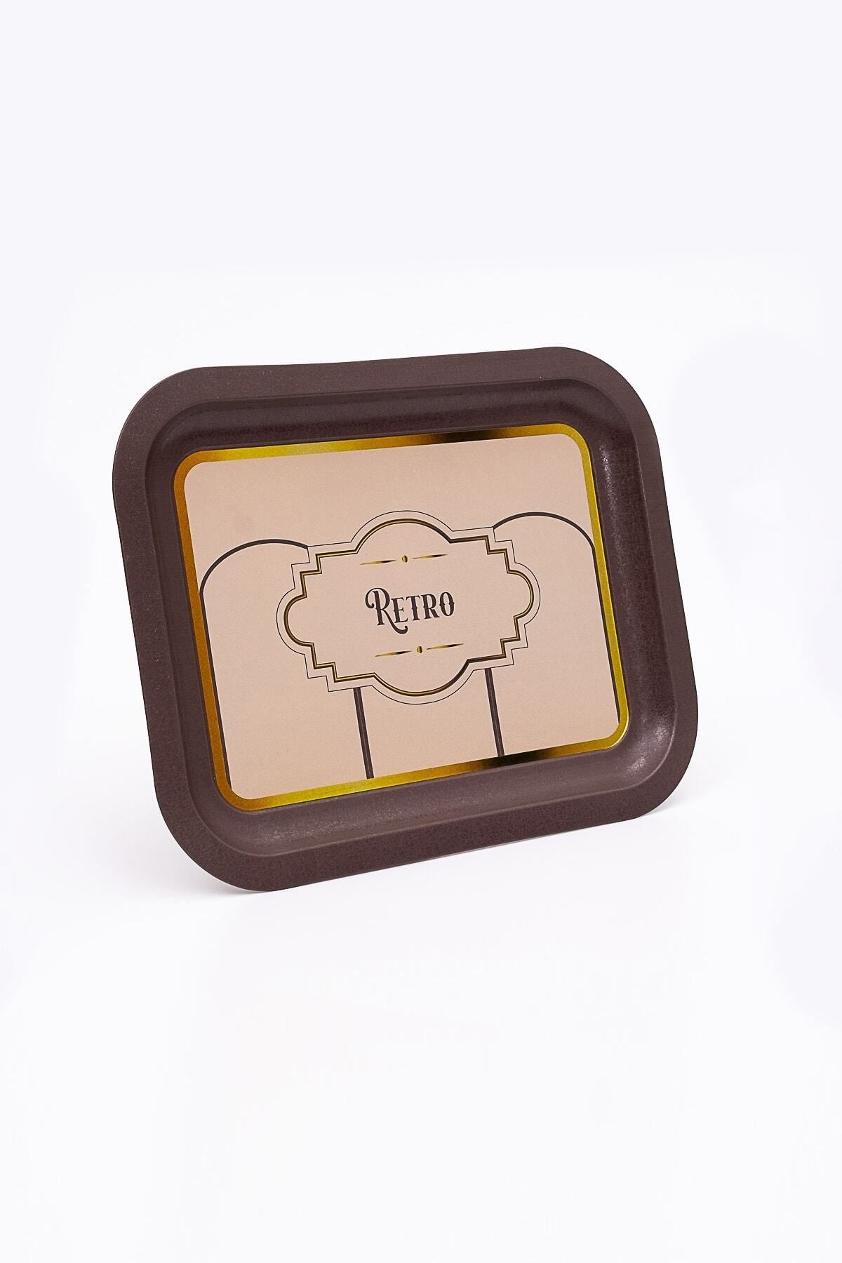 Retro Desenli Metal Tepsi - Çay Kahve Tepsisi - Sunum Tepsisi 23 Cm X 31 Cm Ee161-u6