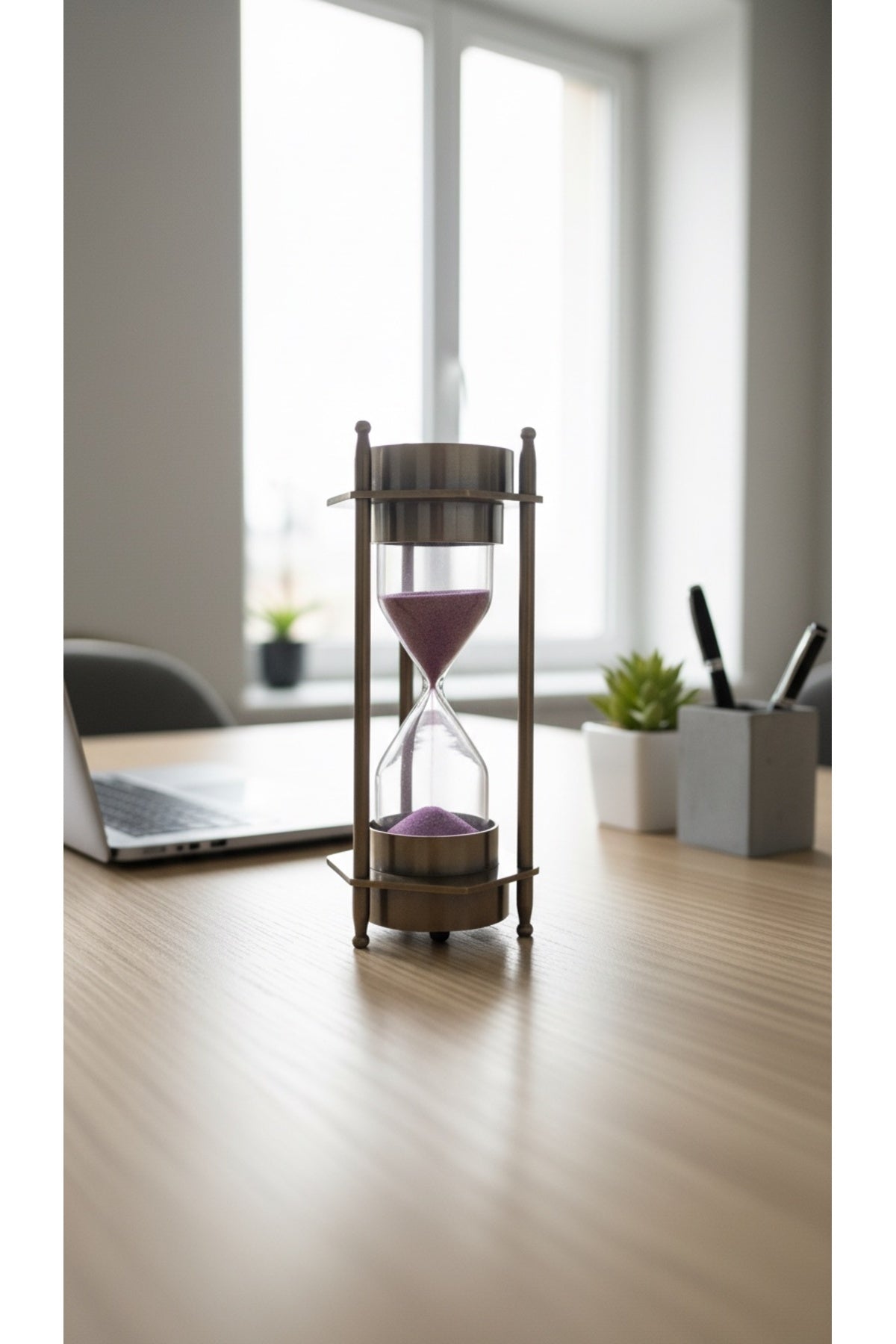 Ahşap Hediye Kutulu Pusulalı Kum Saati 12 cm Eskitme Metal Denizci Çapa Temalı Masaüstü Aksesuar