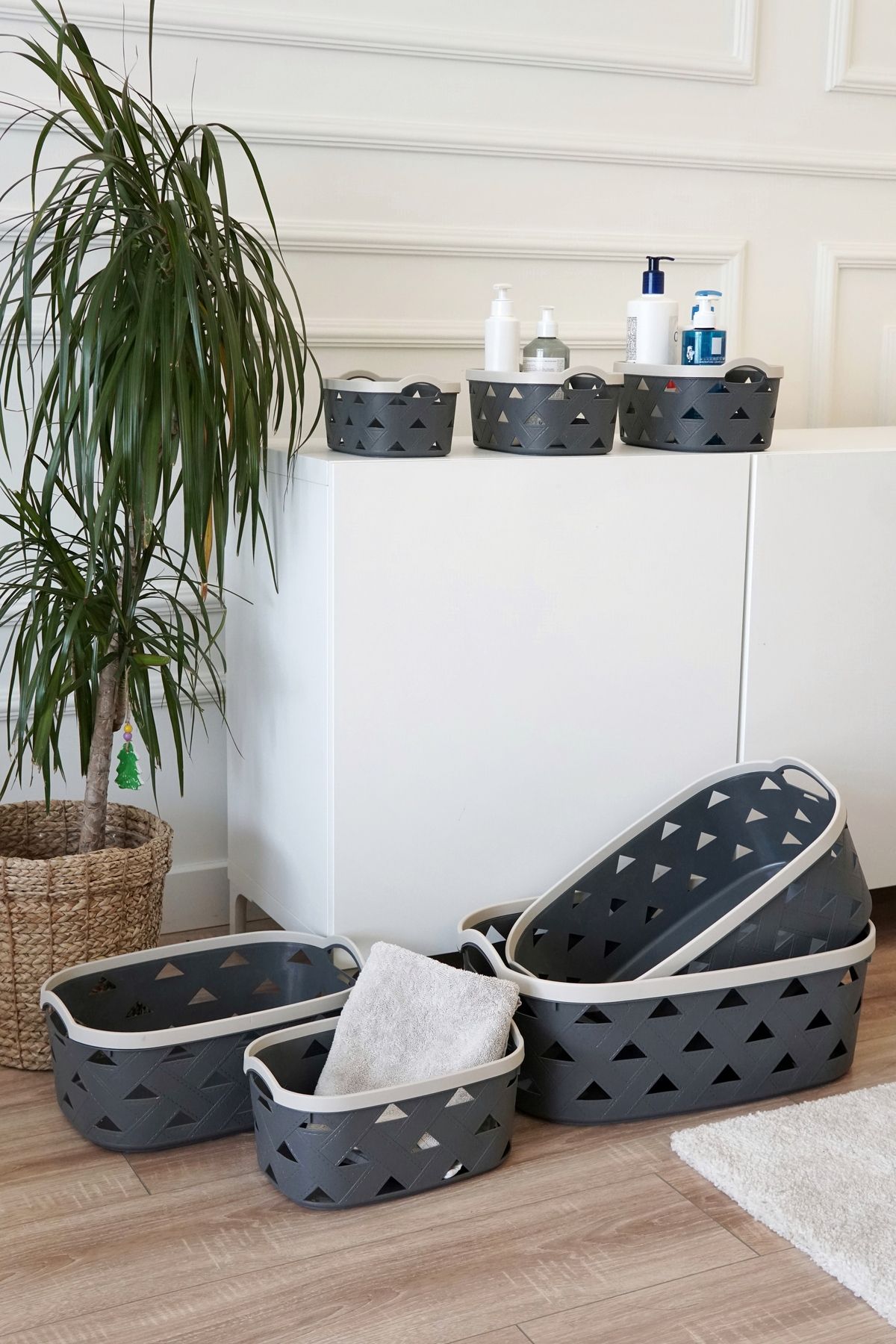 Deri Desenli Saklama ve Düzenleme Sepet Takımı (7’li), Gri