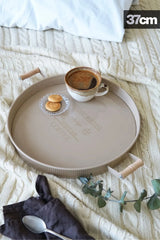 3'lü Ahşap Kulplu Yuvarlak Metal Tepsi Seti