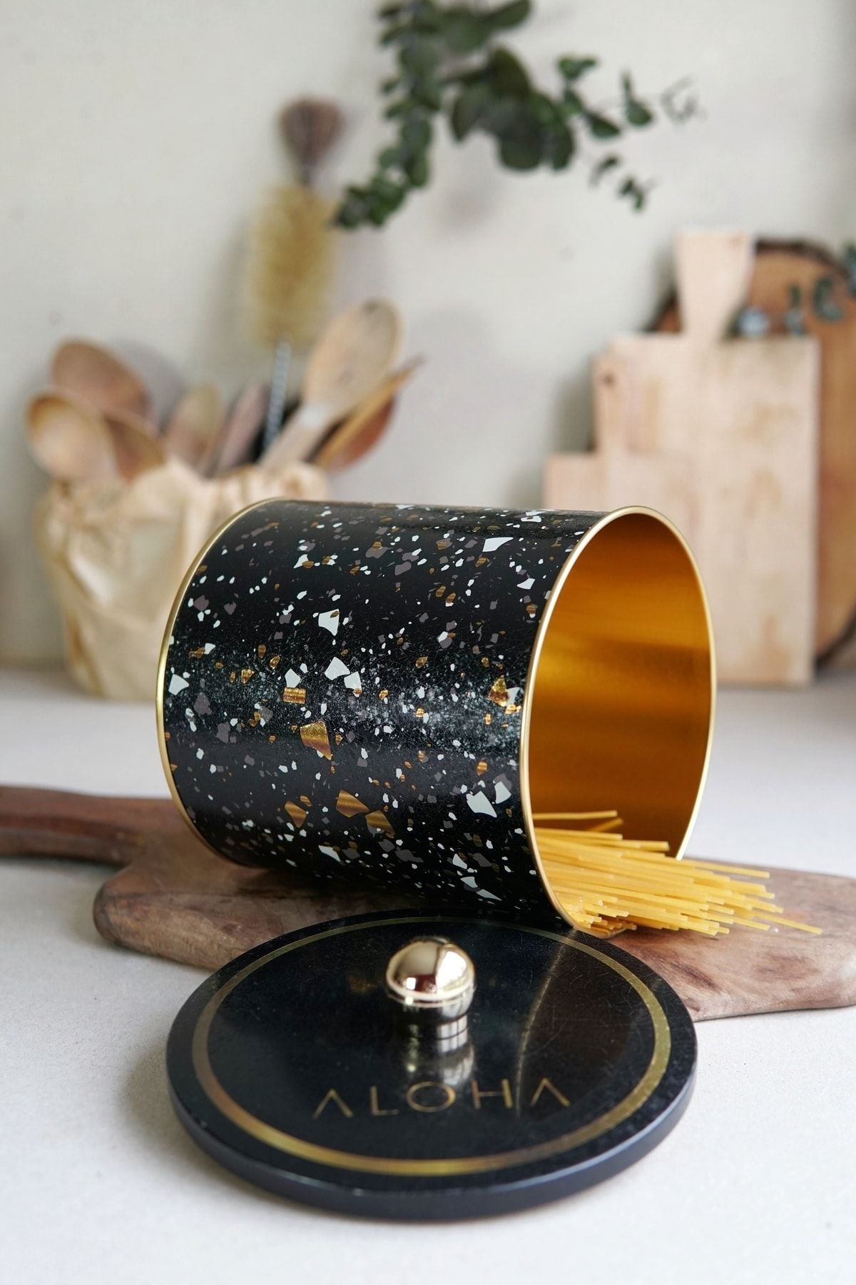 Terrazo Desenli Yuvarlak Metal Saklama Kabı, Erzak Saklama Kabı 14 Cm X 15 Cm Er143-1h