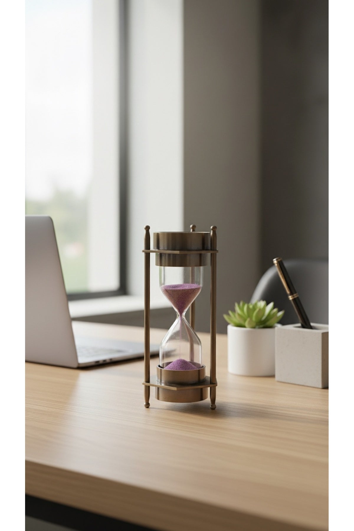 Ahşap Hediye Kutulu Pusulalı Kum Saati 12 cm Eskitme Metal Denizci Çapa Temalı Masaüstü Aksesuar