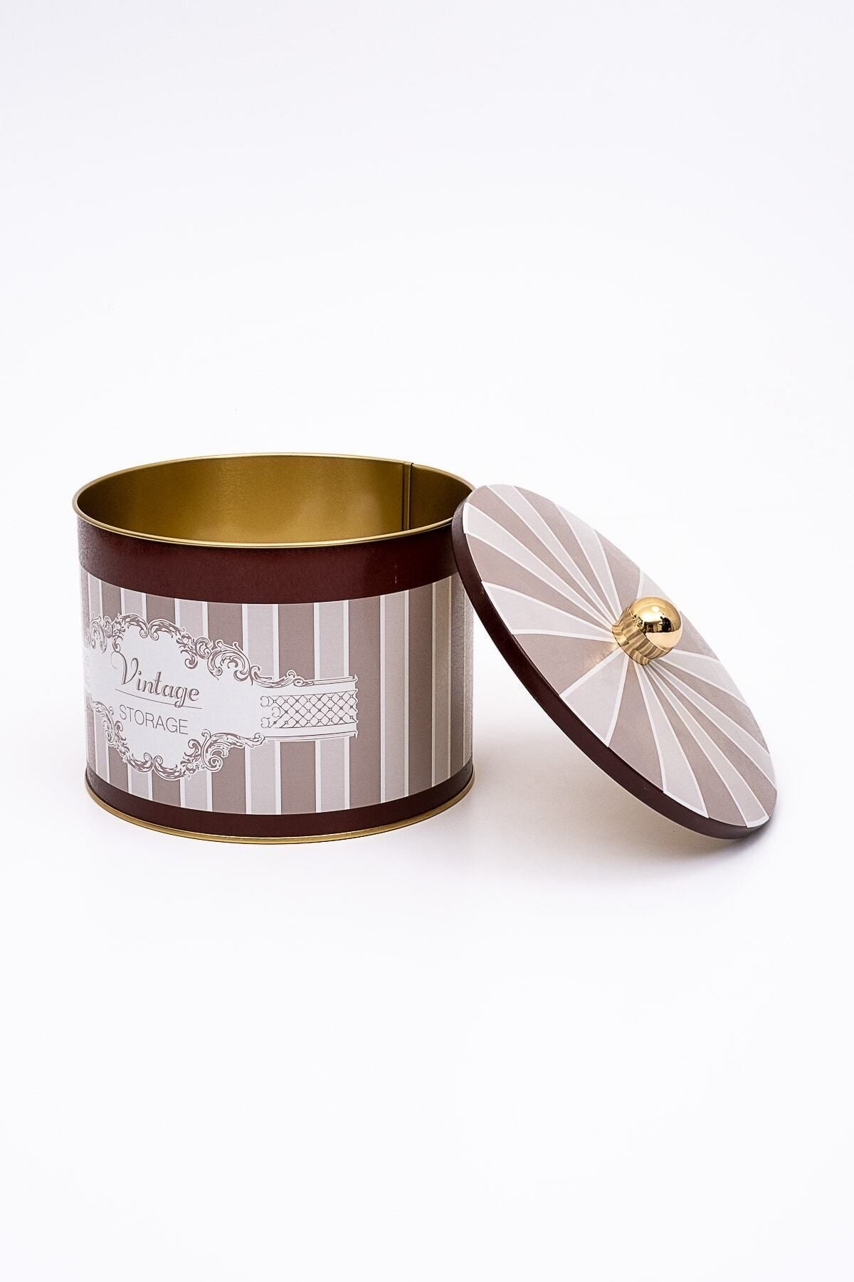 Elegance Desenli Yuvarlak Metal Saklama Kabı 14 Cm, Erzak Kabı - Organizer 17,5 Cm X 13 Cm Er145-8b