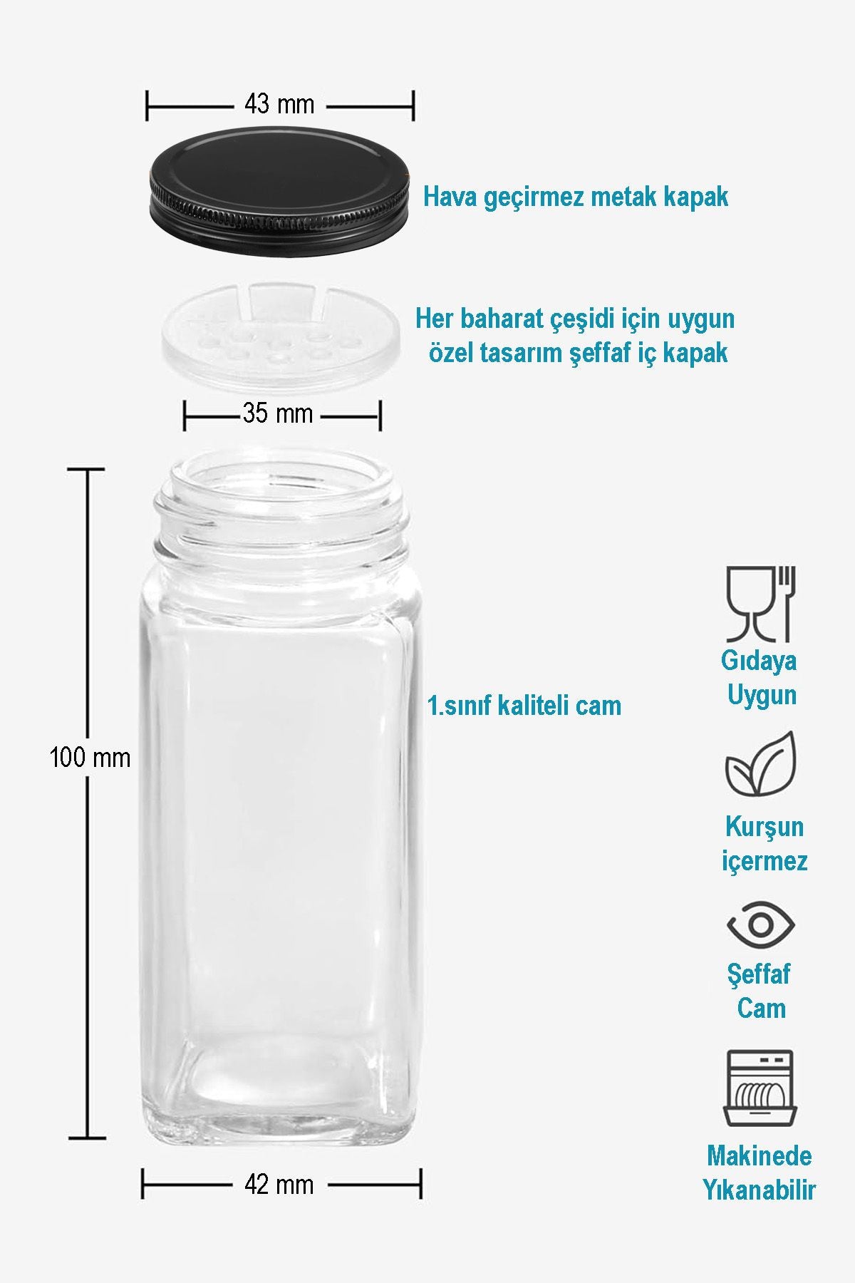 12'li Siyah Kristal Plexi Standlı Cam Baharatlık Seti Siyah Kapaklı Ve Etiketli Baharatlık Mh04syh12