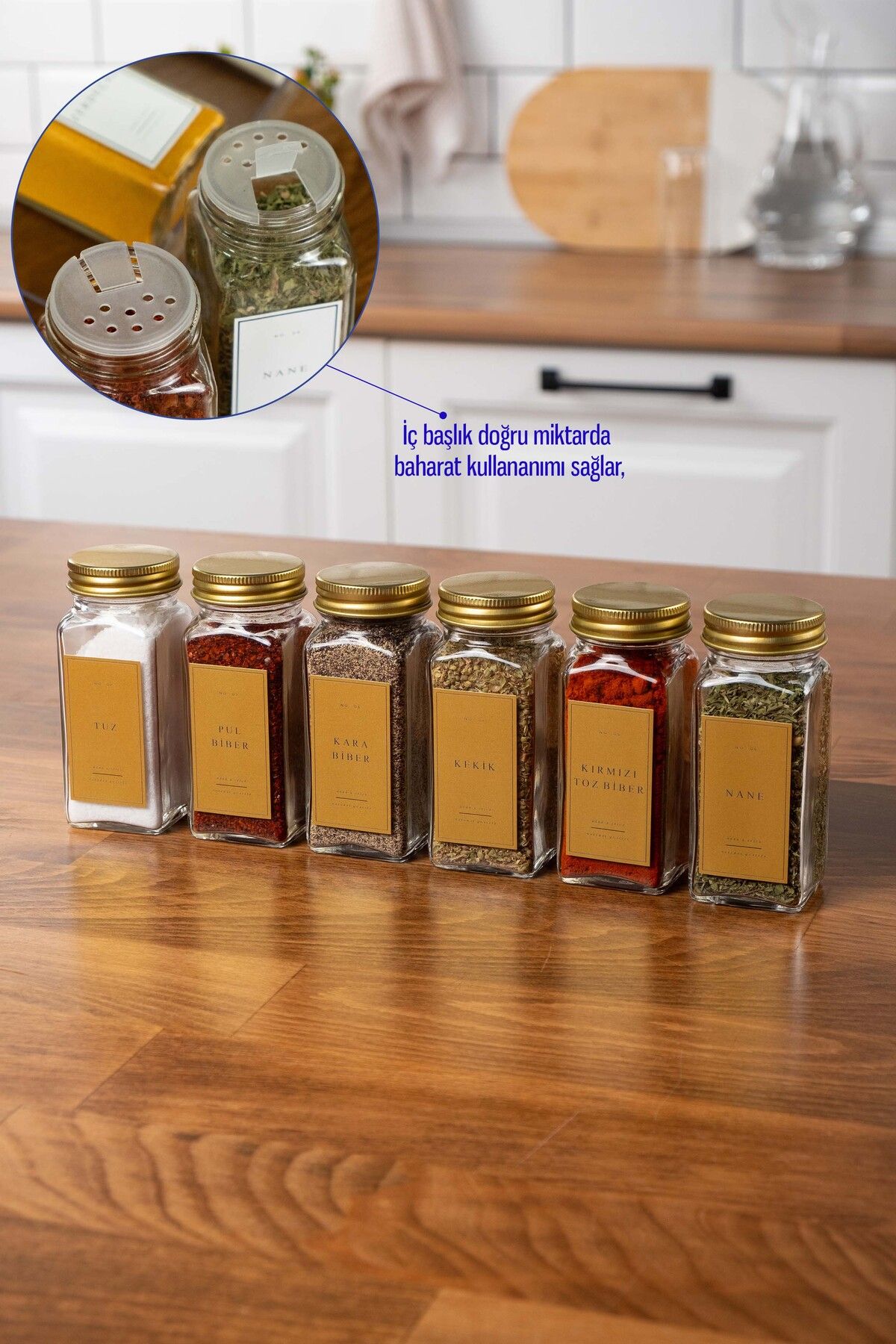 Mienda Home 6-lı Baharatlık Seti Gold Kapaklı-gold Etiketli Cam Baharatlık Takımı-mh00gld06