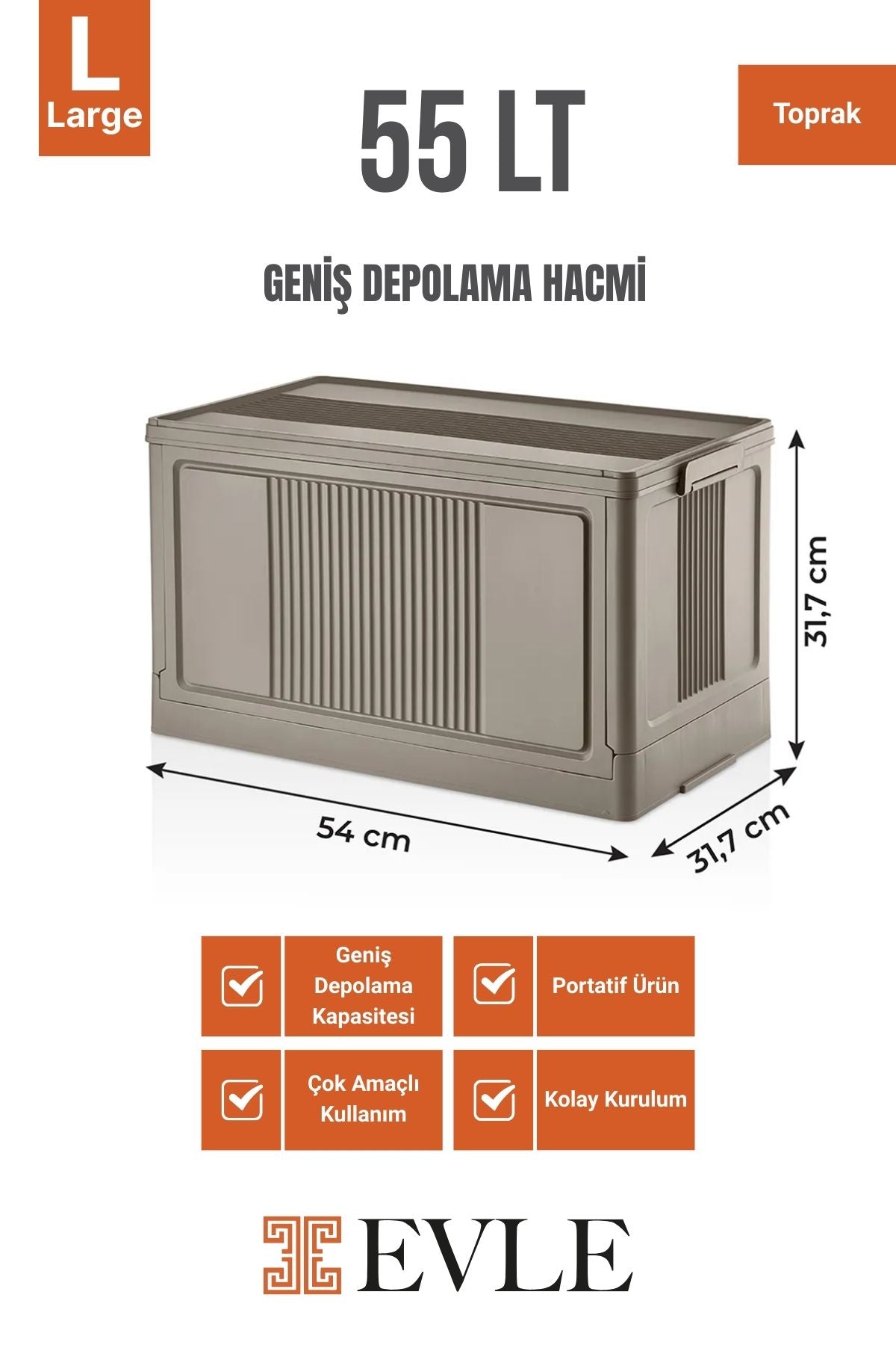 Çok Amaçlı Modüler Kasa, İstiflenebilir Organizer Düzenleyici 55 lt, 54 x 31,7 x 31,7 cm, Toprak