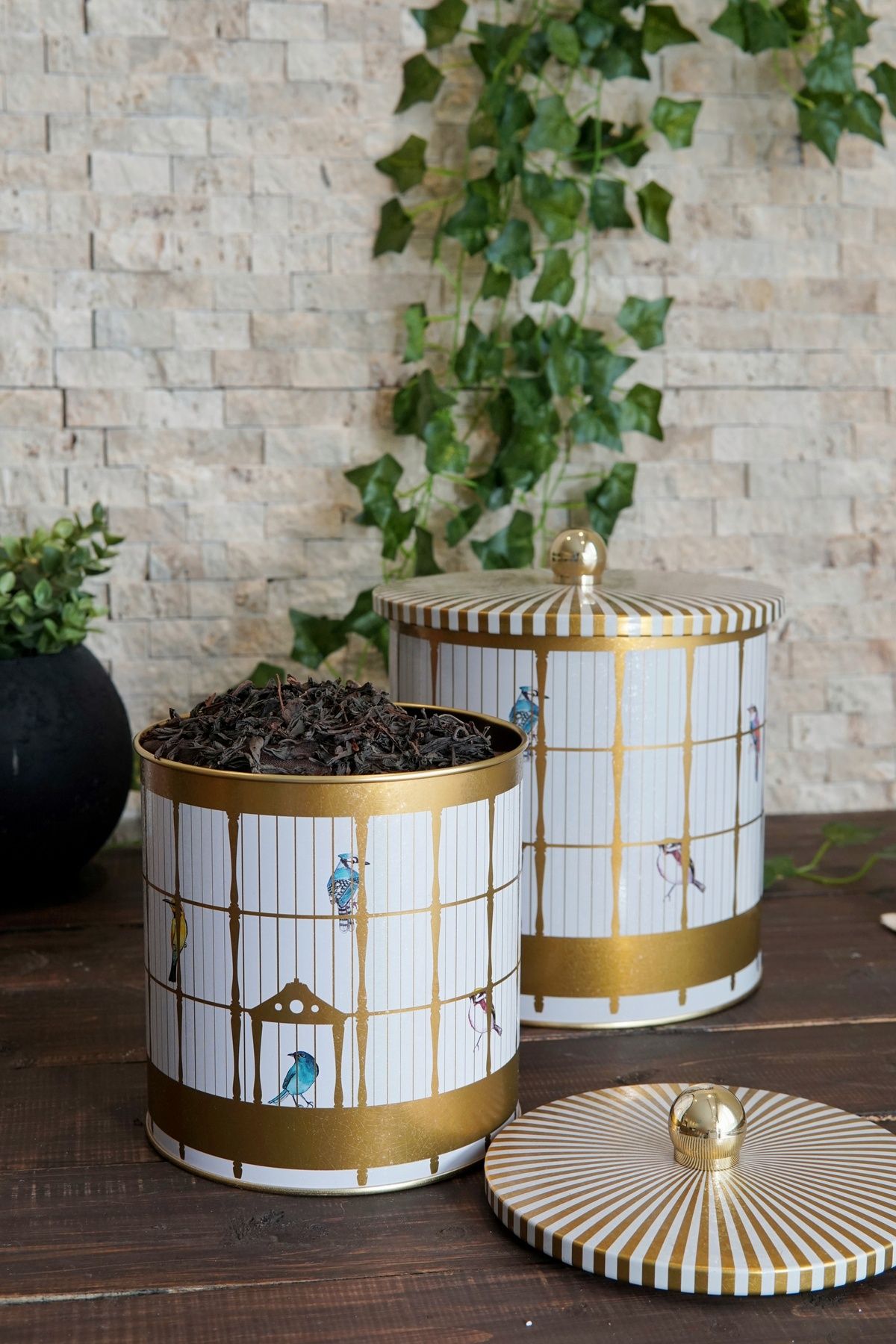 Birdcage Desenli Metal Saklama Kabı 2'li Set 2.1 Litre + 4.1 Litre  Erb48t7