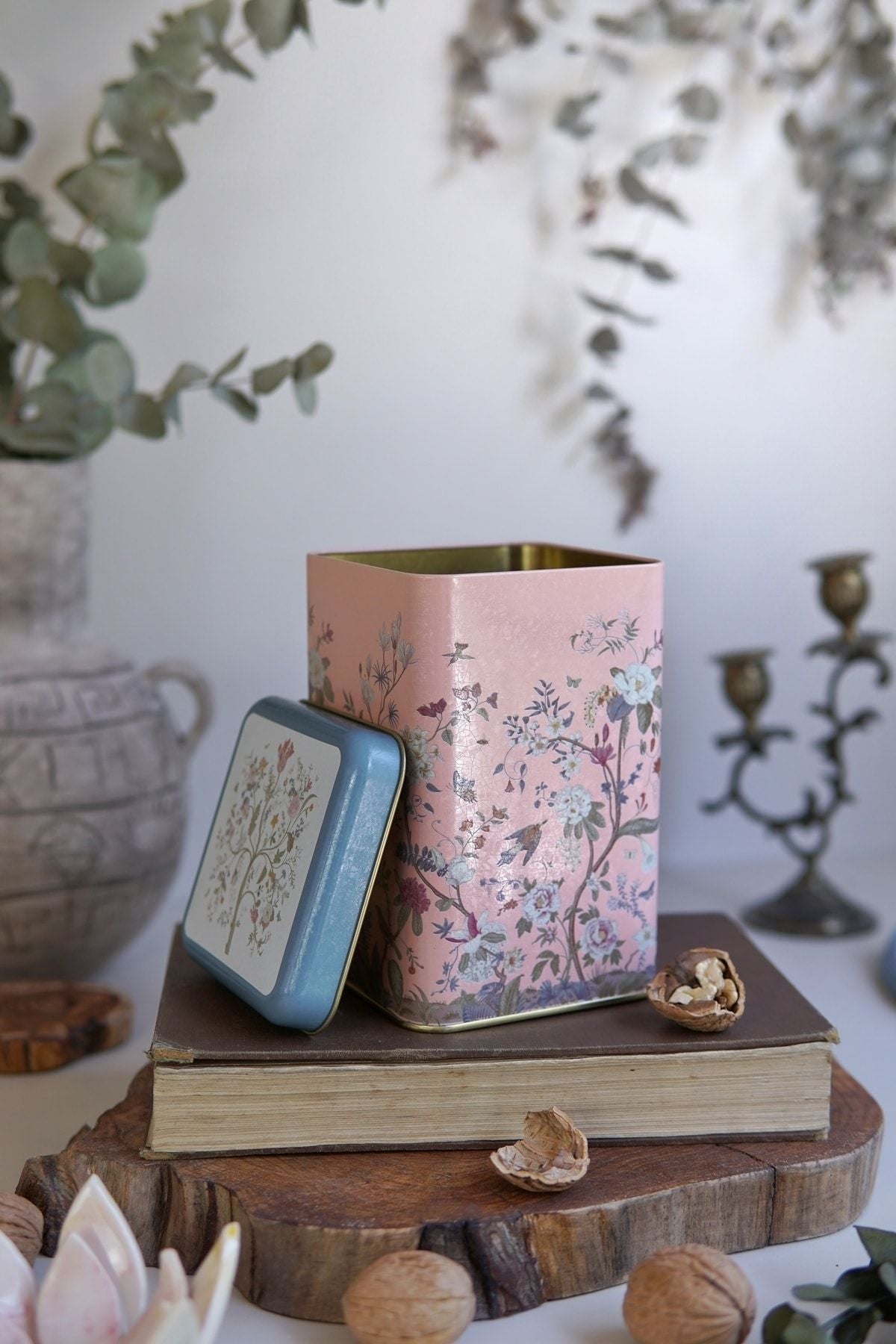 Er022-1g Botanica Pink Desenli Kare Metal Saklama Kabı 11x11 Cm