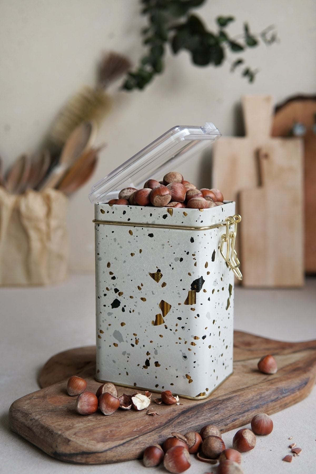 Er043-9g Terrazzo Cream Desenli Dikdörtgen Metal Saklama Kabı 8x10 Cm