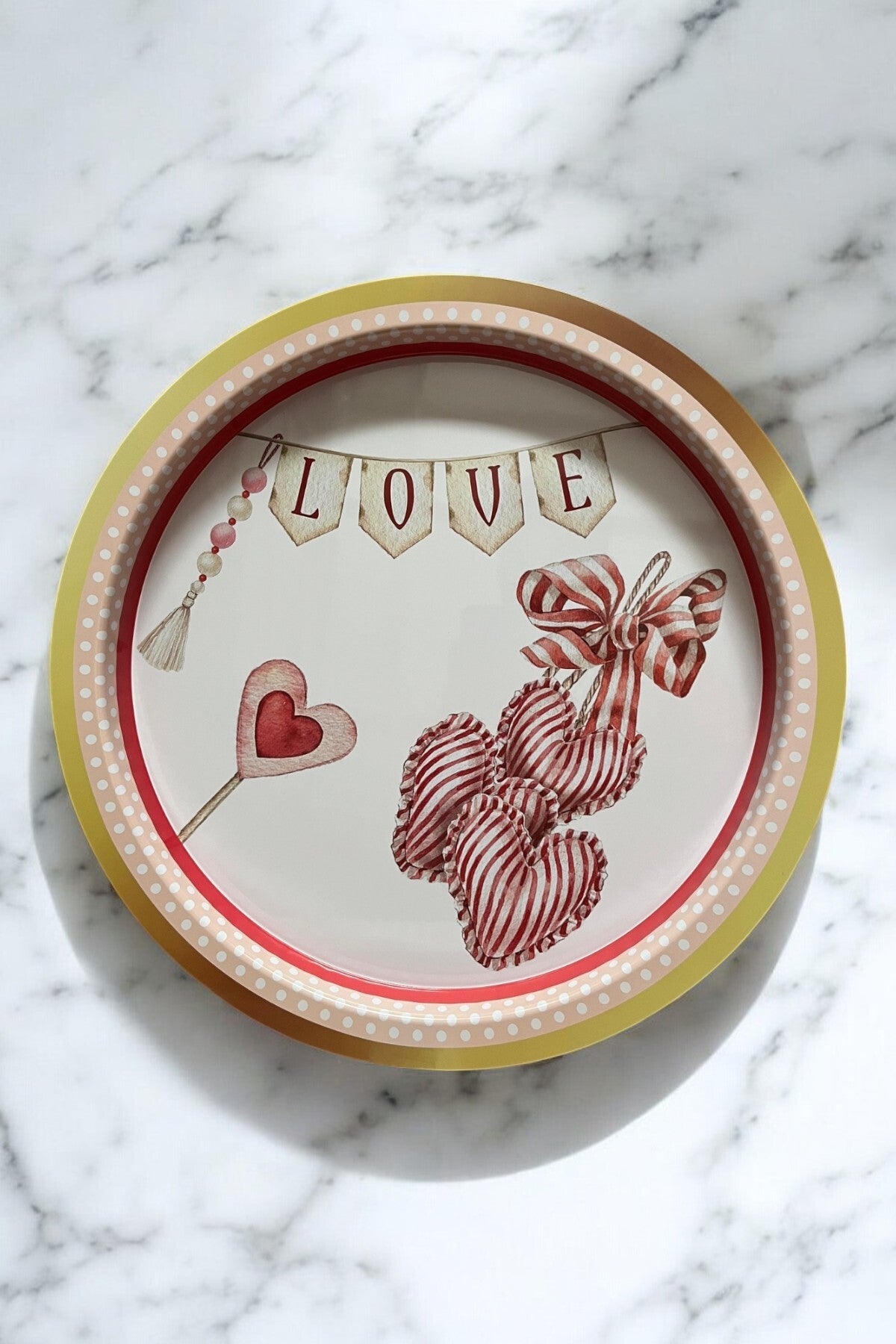Evle Love, Sevgili, Sevgililer Günü Desenli Yuvarlak Metal Tepsi 37 Cm Desenli