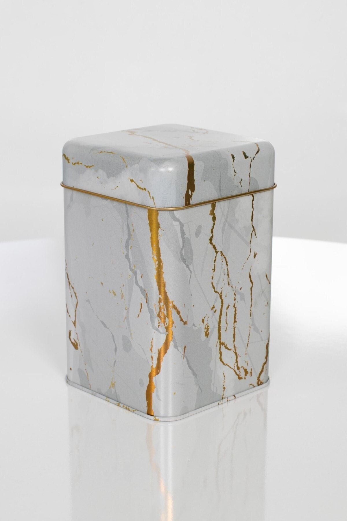 Ef022-51 Marble White Desenli Kare Metal Saklama Kabı 11x11 Cm