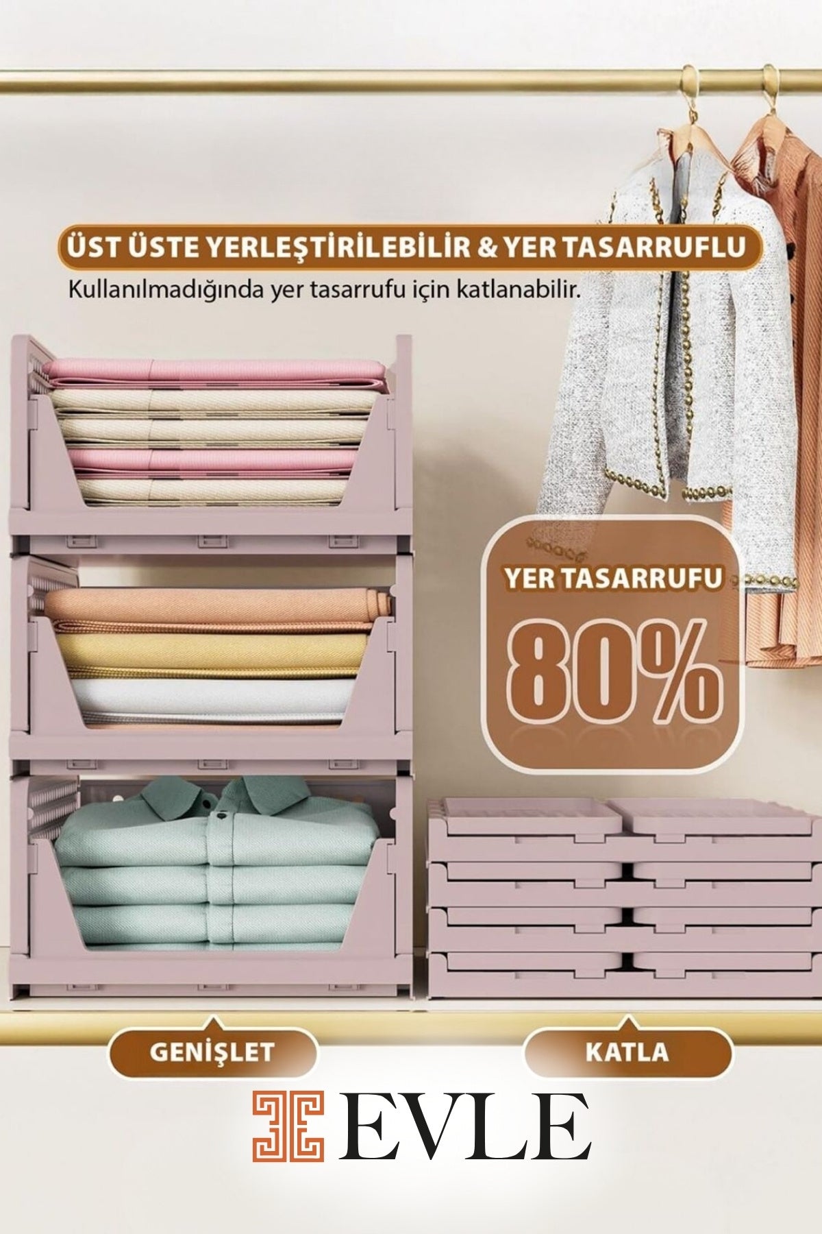 3'lü Mavi Modüler Raf Seti – Kayar Mekanizmalı Dolap İçi Düzenleyici, Pudra, 33,5 x 43 x 55.5 cm