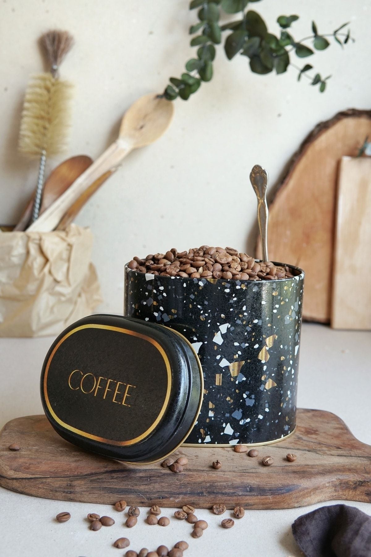 Er004-1h Terrazzo Black Desenli Oval Metal Saklama Kabı 11x15 Cm