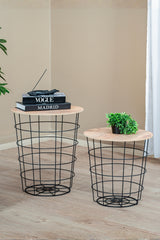 Dekoratif Metal Tel Sepet Zigon Sehpa Takımı, 2'li İskandinav Tarzı Ahşap Kapaklı Orta Sehpa