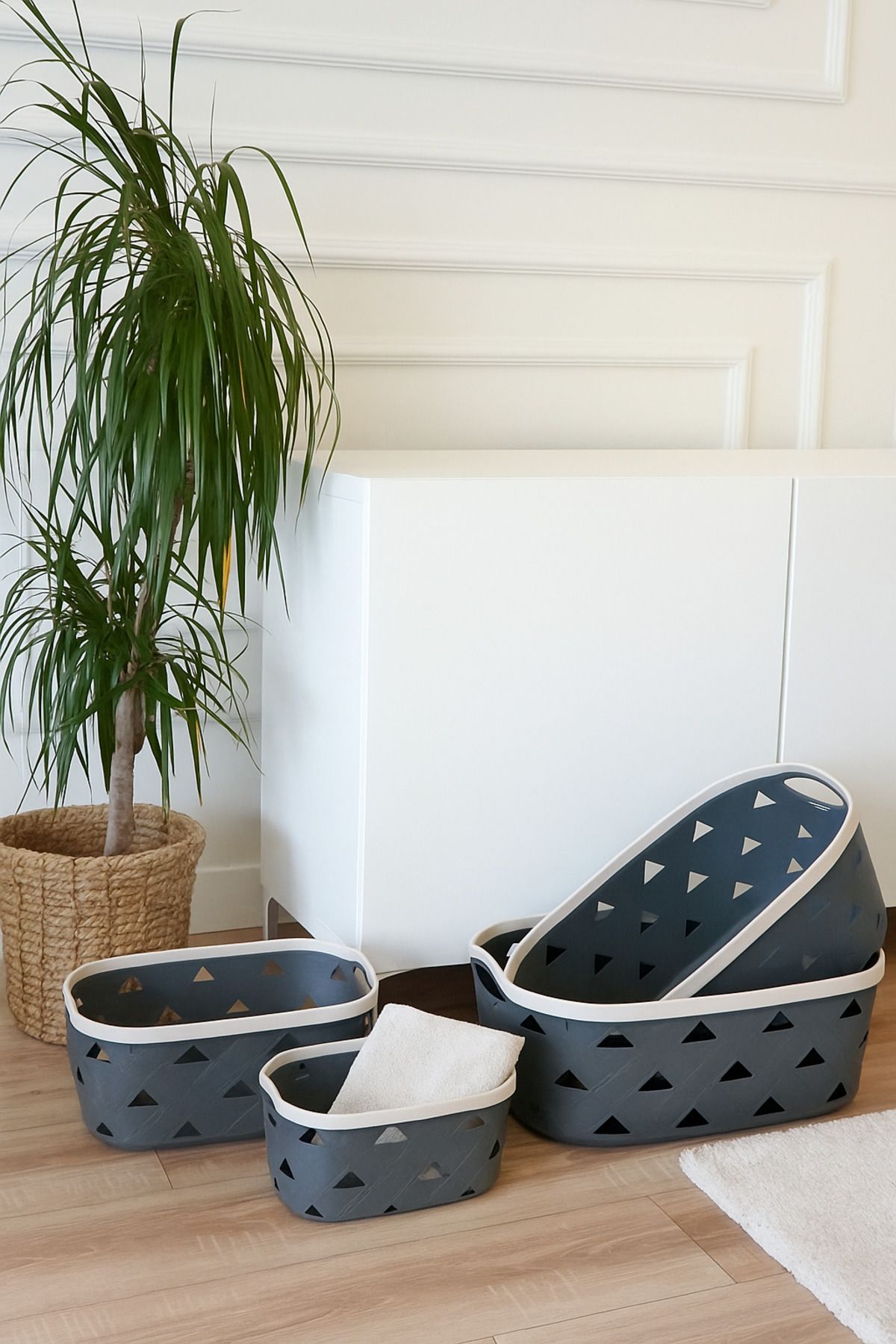 Deri Desenli Saklama ve Düzenleme Sepet Takımı (4'lü), Gri