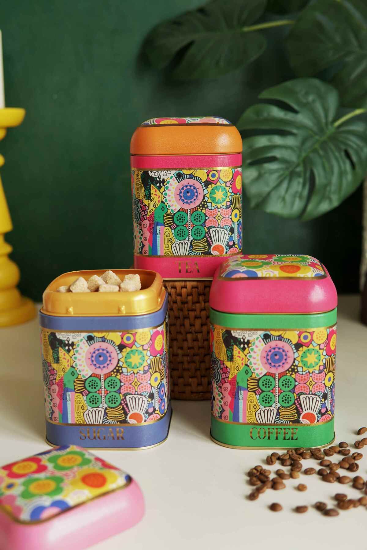 Kare Metal Saklama Kabı, 10.8 x 10.8 x 11.8 cm, 3 lü Set, Sunflower