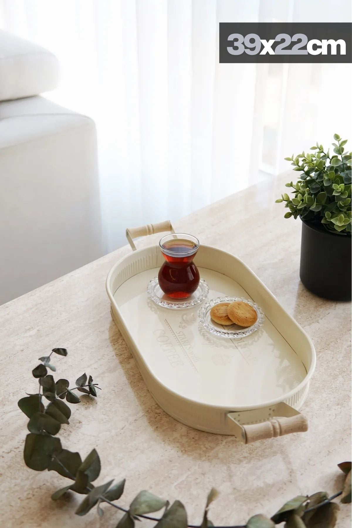 3'lü Ahşap Kulplu Metal Baton Tepsi Seti