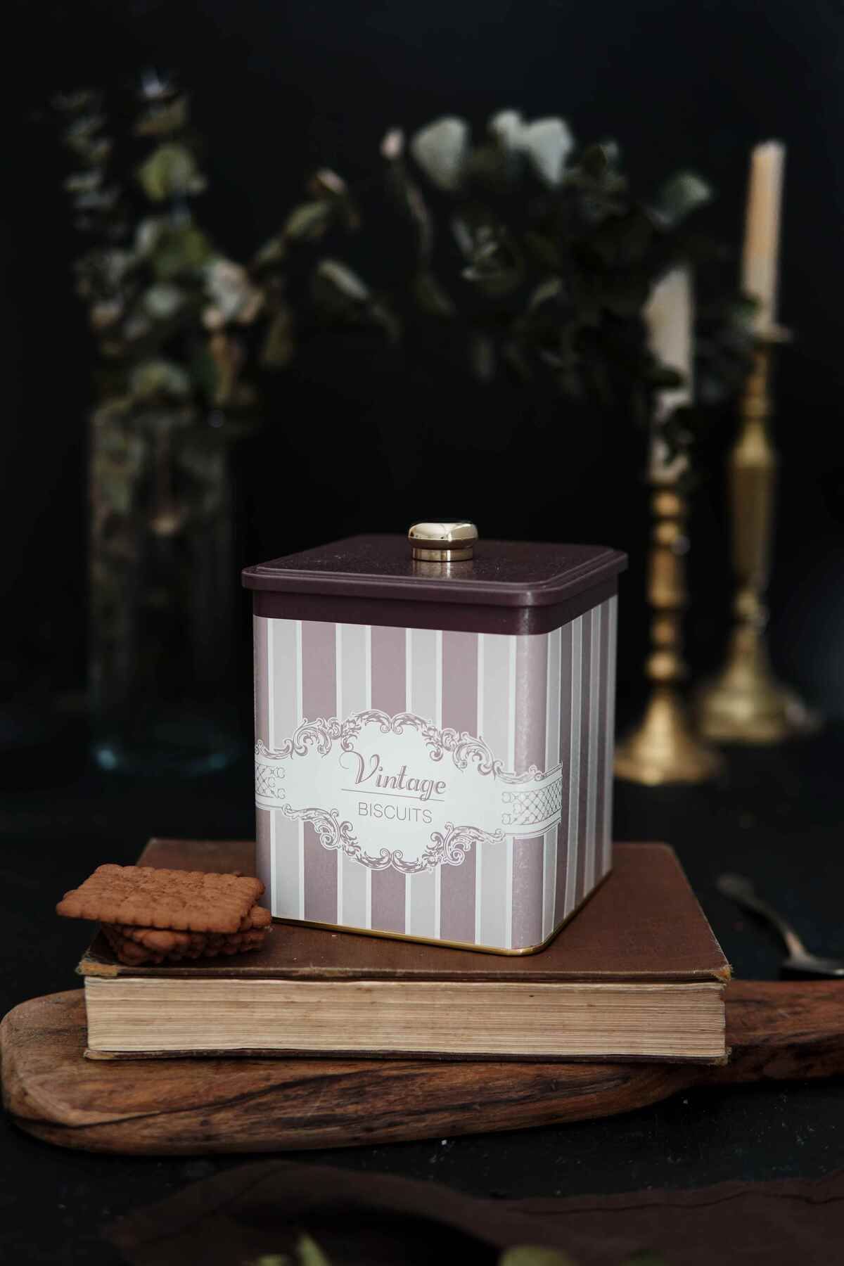 Er023-3j Elegance Biscuits Desenli Kare Metal Saklama Kabı 12x12 Cm