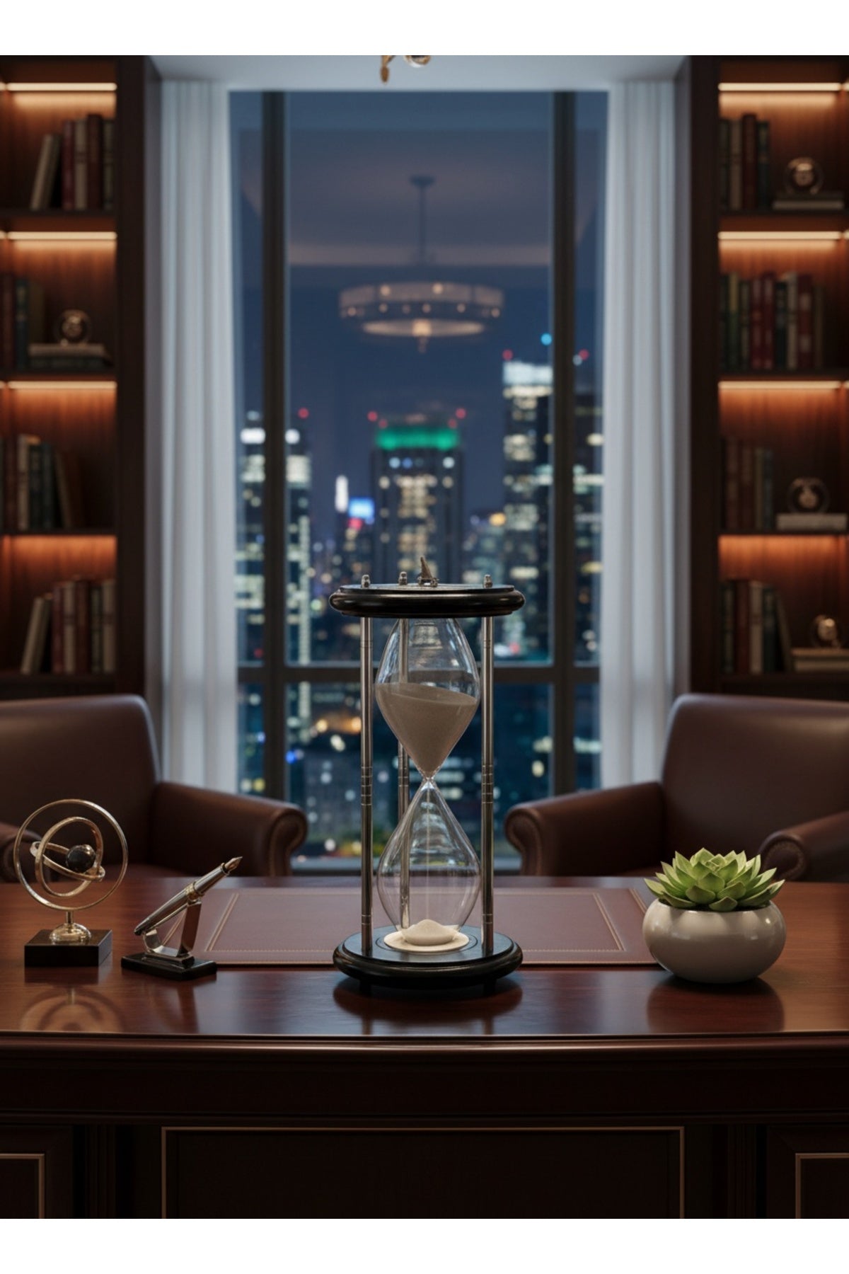 Dev Boy Güneş Saatli Kum Saati 31.5 cm Lüks Masaüstü Hediyelik Siyah Gümüş Modern Ofis Aksesuarı